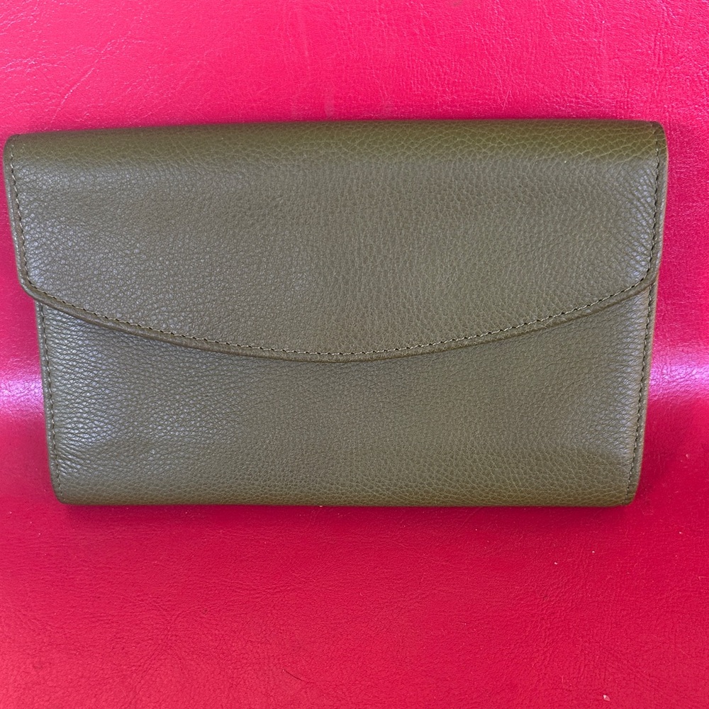 Vintage Olive Leather Wallet with zipper, card holder and checkbook